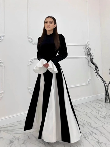 Robe Longue Élégante Femmes Color-block Vintage Taille Haute Velours Patchwork Manches Cloches Robe de Soirée