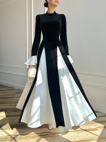 Robe Longue Élégante Femmes Color-block Vintage Taille Haute Velours Patchwork Manches Cloches Robe de Soirée