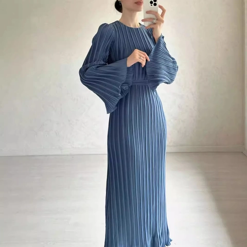 Women Elegant Pleated Midi Dress Long Sleeve Bell Sleeve Solid Color Round Neck Loose Casual Fall Spring Maxi Dress