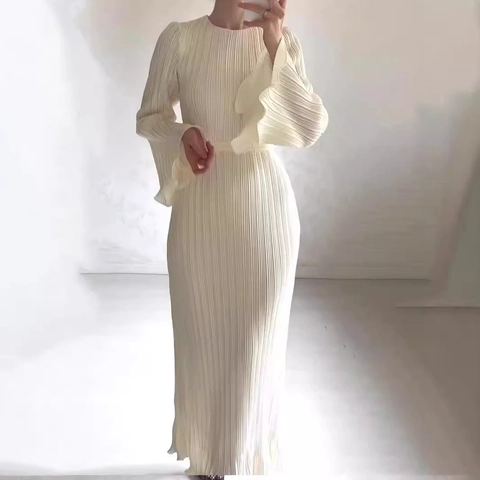 Women Elegant Pleated Midi Dress Long Sleeve Bell Sleeve Solid Color Round Neck Loose Casual Fall Spring Maxi Dress