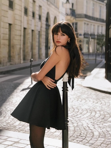Vestido Mini Cuello Halter Espalda Descubierta Mujer Elegante Lazo Línea A Cóctel Fiesta Color Sólido Sin Mangas Corto