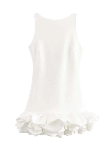 Women Sexy Ruffle Mini Dress Sleeveless Backless Solid Color Polyester Party Banquet Evening Dress for Summer