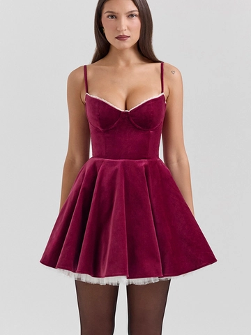 Vestido Mini de Terciopelo Vintage Francés Para Mujer Elegante Borde de Encaje Cintura Alta Corsé Fiesta Noche Vestido en A