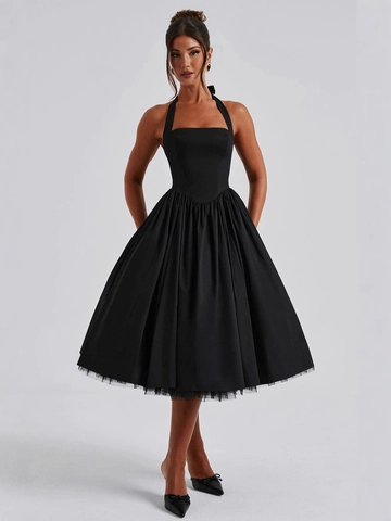 Vestido de Cuello Halter Elegante para Mujer Vintage Espalda Descubierta Midi de Tul para Boda Fiesta Noche Banquete Ropa Mujer
