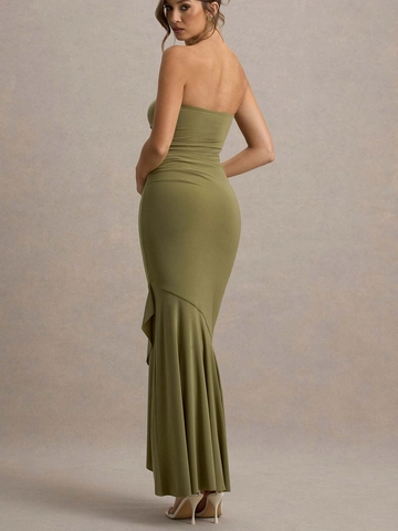 Strapless Ruched Bodycon Maxi Evening Dress For Women Solid Color Fishtail Hem Sleeveless Cotton Polyester Blend Formal Gown