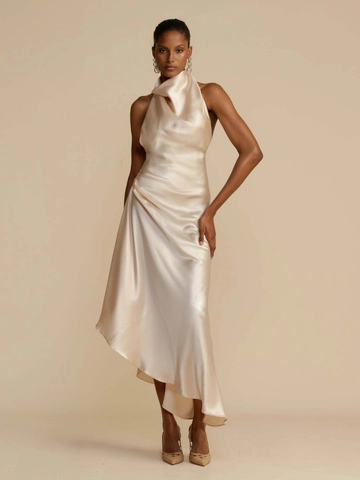 Women Sexy Satin Halter Backless Maxi Dress Elegant Ruched Asymmetrical Slit Evening Party Gown Banquet Cocktail Dress