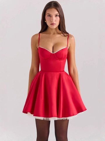 Damen Satin Camisole Mini Kleid Spitzenbesatz Tüll Patchwork Bauschiges A-Linien Kurz Kleid Süßer Prinzessinnen Stil Party