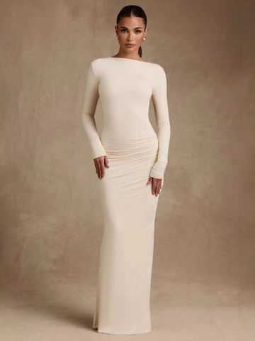 Sexy Backless Ruched Bodycon Maxi Dress Long Sleeve Round Neck Slim Fit Floor Length Solid Color Evening Party Dress