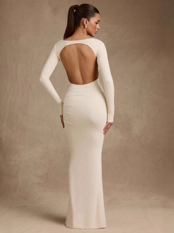 Sexy Backless Ruched Bodycon Maxi Dress Long Sleeve Round Neck Slim Fit Floor Length Solid Color Evening Party Dress