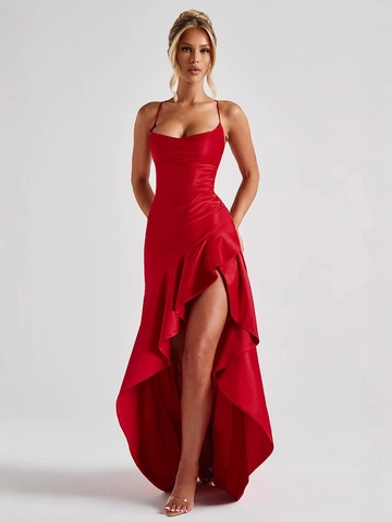 Vestido Sexy de Satén con Tirantes de Espagueti para Mujer Espalda al Aire Volantes Irregular Abertura Alta Vestido Largo de Fiesta