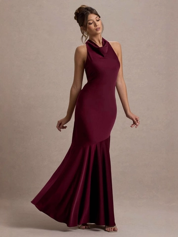 Women Elegant Halter Cowl Neck Mermaid Evening Dress Satin Texture Backless Bow Tie Solid Color Maxi Party Gown For Wedding Banquet