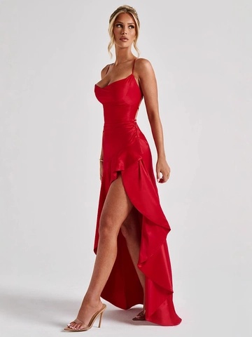 Vestido Sexy de Satén con Tirantes de Espagueti para Mujer Espalda al Aire Volantes Irregular Abertura Alta Vestido Largo de Fiesta