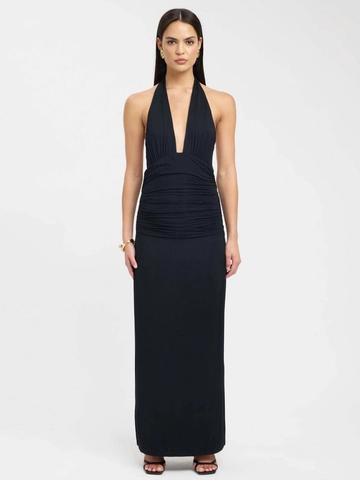 Abito Maxi da Donna Sexy con Scollo a V Profondo Schiena Scoperta Arricciato Slim Fit Senza Maniche Tinta Unita