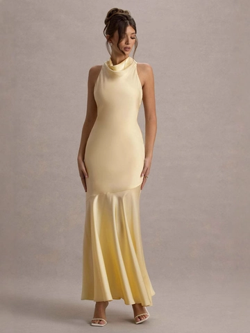 Women Elegant Halter Cowl Neck Mermaid Evening Dress Satin Texture Backless Bow Tie Solid Color Maxi Party Gown For Wedding Banquet