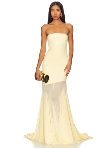 Damen Sexy Tube Top Mesh Patchwork Bodycon Maxi Kleid Elegant Schulterfrei Fischschwanz Party Gown Einfarbig Polyester Kleid