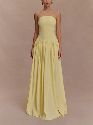 Women's Smocked Strapless Maxi Dress Sexy Backless High Slit Pleated A-Line Summer Vacation Party Solid Long Dress