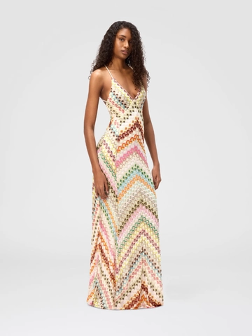 Women Bohemian Crochet Lace Maxi Dress Sexy Deep V Neck Chevron Print Spaghetti Strap Open Back Vacation Party Long Dress