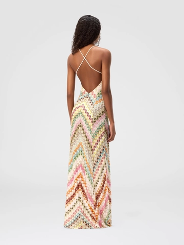 Women Bohemian Crochet Lace Maxi Dress Sexy Deep V Neck Chevron Print Spaghetti Strap Open Back Vacation Party Long Dress