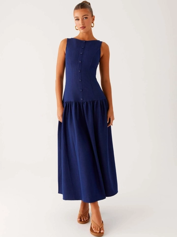 Vestido Largo Elegante para Mujer Azul Marino Sin Mangas Cuello Redondo con Botones Frontales Plisado Talle Bajo Línea A