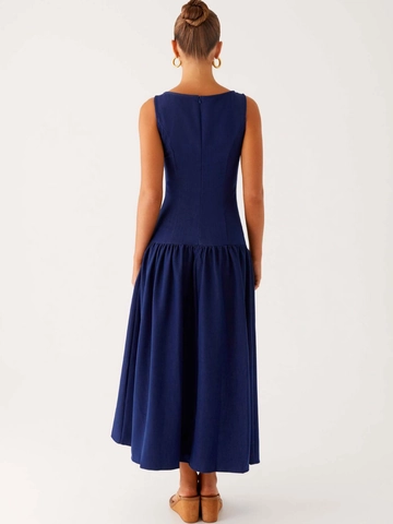 Vestido Largo Elegante para Mujer Azul Marino Sin Mangas Cuello Redondo con Botones Frontales Plisado Talle Bajo Línea A
