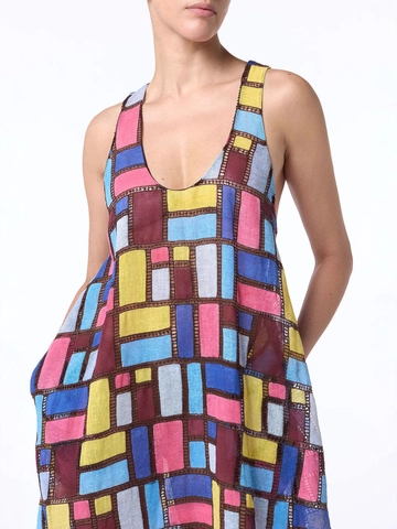 Robe Longue Décontractée en Patchwork Géométrique pour Femme Sans Manches Col en U Profond Coton Lin Vacances Imprimé Robe Longue