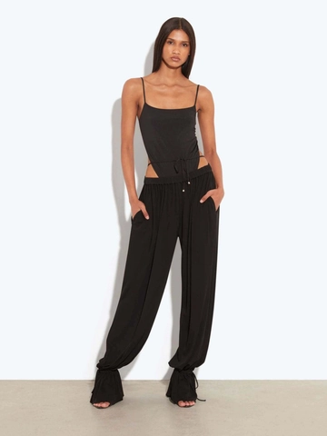 Women Sexy Backless Spaghetti Strap Bodysuit And Wide Leg Gathered Pants Set Minimalist Solid Color Casual Fashion Outfits
