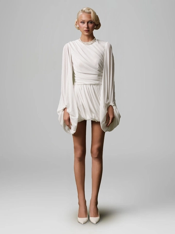 Women Sexy Pleated Lantern Sleeve Mini Dress High Waist Solid Color Bubble Hem Elegant Vintage Evening Party Short Dress White