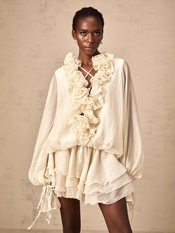 Frans Elegant 3D Bloem Ruches Dames Rok Set Lantaarnmouw Gelaagde Outfits Top En Rok Twee Delig Kostuum Voor Feest