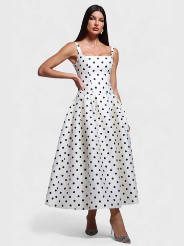 Vestido Midi Vintage Con Lunares Blancos Para Mujer Cuello Cuadrado Sin Mangas Línea A Falda De Gran Vuelo Vestido De Fiesta Con Bolsillos Elegante Vestido De Verano Retro