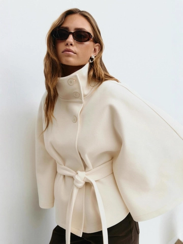 Damen Stehkragen Cape Mantel Polyester Wollige Textur Fledermausärmel Knopf Gürtel Umhang Jacke Mode Mantel