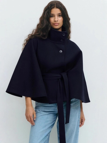 Damen Stehkragen Cape Mantel Polyester Wollige Textur Fledermausärmel Knopf Gürtel Umhang Jacke Mode Mantel