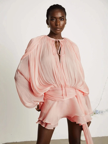 French Vintage Pleated Lantern Sleeve Mini Dress Set For Women Elegant Round Neck Tie Waist Ruffle Hem Satin Glossy Outfit