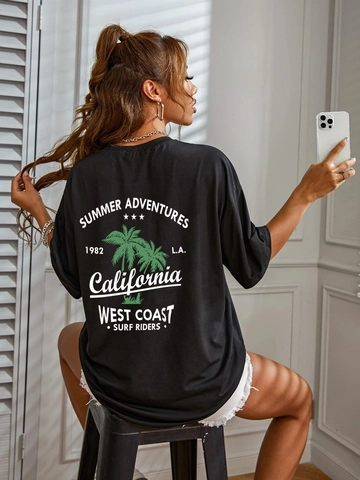Damen Casual Oversize Schwarz Kurzarm T-Shirt Kalifornien Palmbaum Druck Rundhals Baumwollmischung Sommer Locker Top