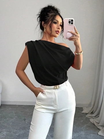 Damen Eleganter Ein Schulter Drapierte Ärmellose Chiffon Top Sexy Lockerer Schnitt Einfarbig Pullover Bluse Sommer Casual Party Streetwear