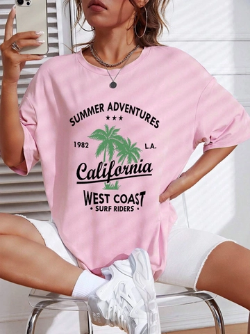 Women Casual Loose T-Shirt California Palm Tree Graphic Print Short Sleeve Summer Round Neck Oversized Streetwear Top