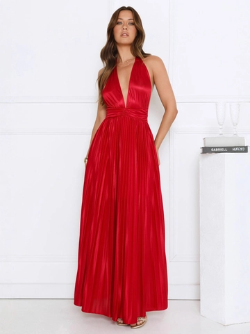Damen Halter Neck Maxi Kleid Plissee Tiefer V-Ausschnitt Rückenfrei Elegant Satin Formelle Abendparty Gown Einfarbig Ärmellos