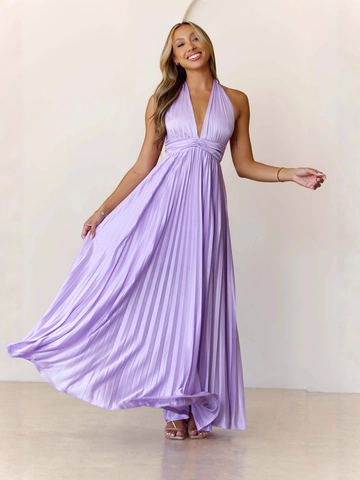 Women's Halter Neck Maxi Dress Pleated Deep V Backless Elegant Satin Formal Evening Party Gown Solid Color Sleeveless Long Dress