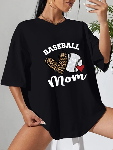Maglietta da Donna Casual Oversize a Maniche Corte Con Stampa Baseball Mom Cuore Leopardato Girocollo in Misto Cotone