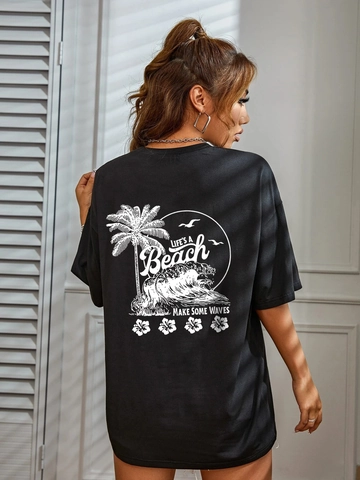Women Oversized Cotton Blend T-Shirt Casual Round Neck Short Sleeve Beach Palm Tree Graphic Printed Streetwear Top