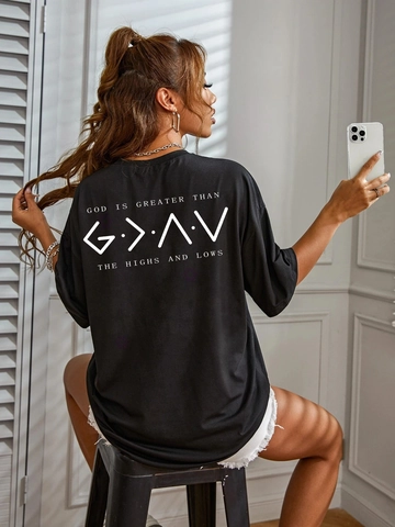Damen Casual Oversize-T-Shirt Kurzarm God Is Greater Buchstabendruck Rundhalsausschnitt Lockerer Baumwollmischung Top
