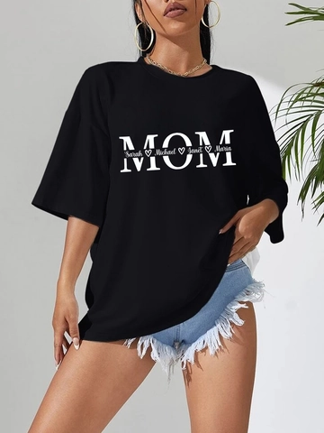 Maglietta da Donna Casual in Misto Cotone Oversize Manica Corta Stampa Lettere MOM Girocollo Streetwear Top Estivo