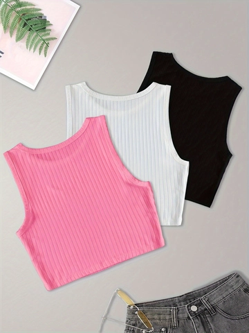 Women Sexy Ribbed Knit Crop Tank Top Round Neck Sleeveless Slim Fit Summer Streetwear Pink White Black Elastic Tops