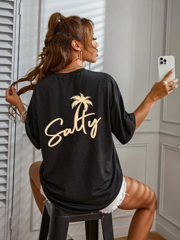 Damen Casual Locker T-Shirt Rundhals Kurzarm Salty Buchstaben Kokospalme Druck Sommer Street Style Schwarz Top