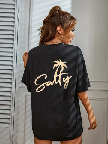 Damen Casual Locker T-Shirt Rundhals Kurzarm Salty Buchstaben Kokospalme Druck Sommer Street Style Schwarz Top
