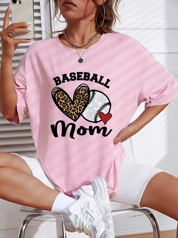 Maglietta da Donna Casual Oversize a Maniche Corte Con Stampa Baseball Mom Cuore Leopardato Girocollo in Misto Cotone