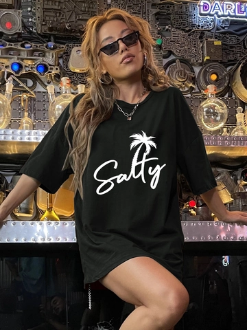 Women's Casual Oversized Polyester T-Shirt Round Neck Short Sleeve Salty Palm Tree Print Streetwear Top