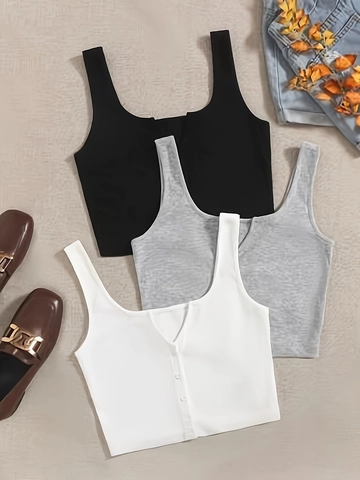 Women Sexy Ribbed Crop Tank Top Square U-Neck Wide Strap Slim Fit Solid Color Black Gray White Sleeveless Summer Vest