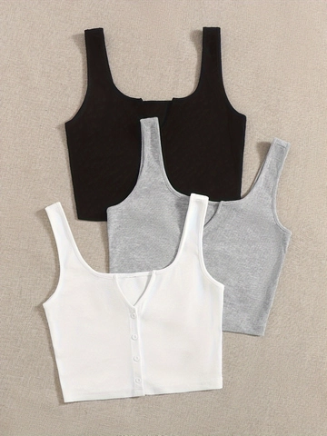 Women Sexy Ribbed Crop Tank Top Square U-Neck Wide Strap Slim Fit Solid Color Black Gray White Sleeveless Summer Vest