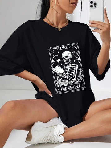 Women Oversized Casual T-Shirt Round Neck Short Sleeve Tarot Style Skull Reading Print Streetwear Cotton Blend Summer Top