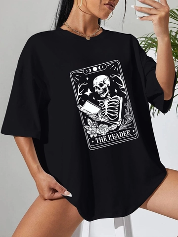 Women Oversized Casual T-Shirt Round Neck Short Sleeve Tarot Style Skull Reading Print Streetwear Cotton Blend Summer Top